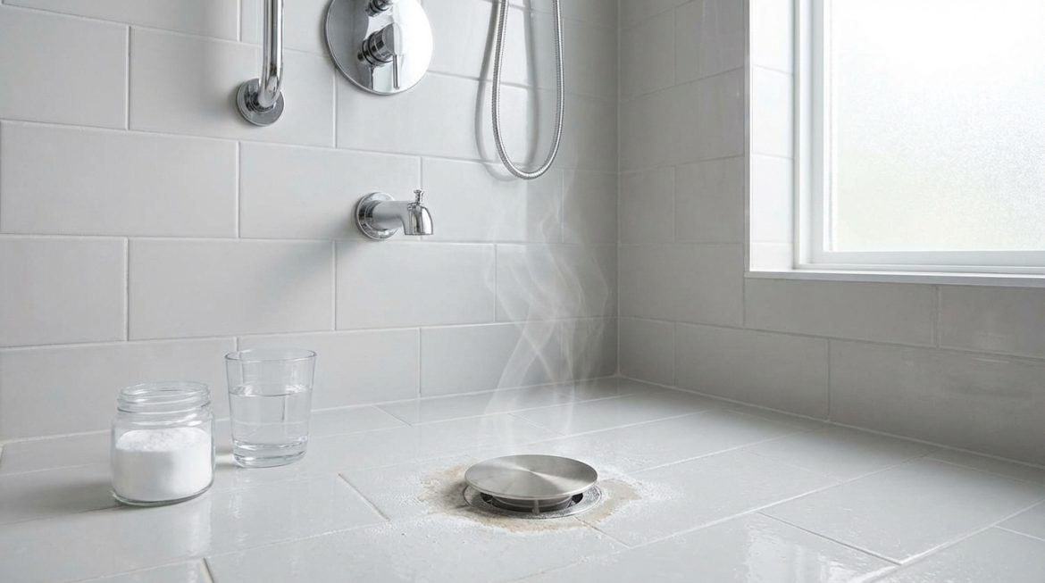 Un drain de douche en acier inoxydable d'où s'échappe de la vapeur, avec un pot de poudre blanche et un verre d'eau sur le carrelage clair.