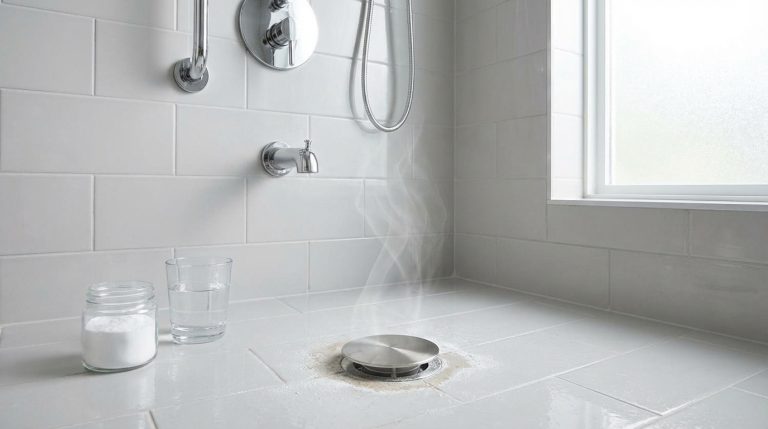 Un drain de douche en acier inoxydable d'où s'échappe de la vapeur, avec un pot de poudre blanche et un verre d'eau sur le carrelage clair.