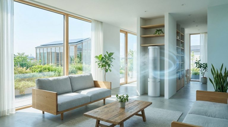 Salon moderne et lumineux avec rafraîchisseur d'air adiabatique diffusant de l'air frais, vue sur une terrasse verdoyante.