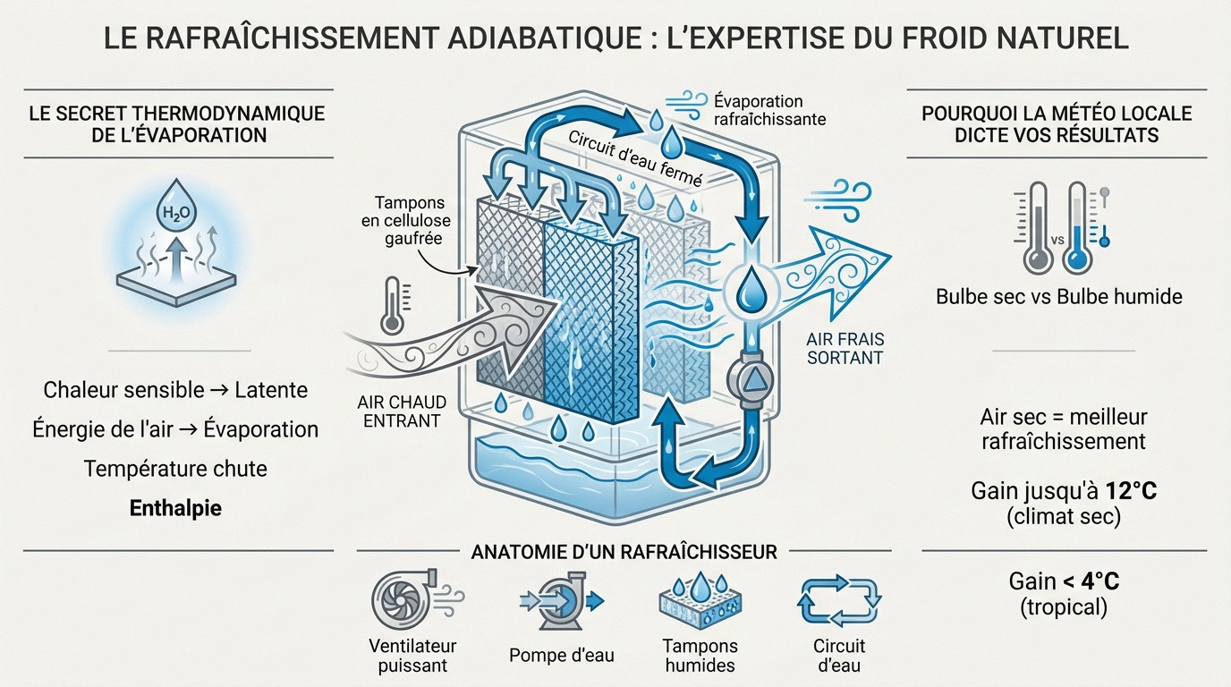 Schéma du principe de rafraîchissement adiabatique par évaporation d'eau