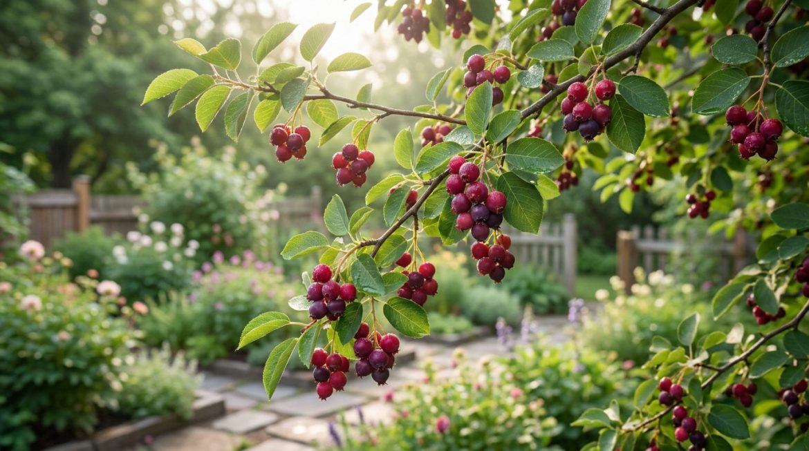 Comment cultiver l’amélanchier pour ses baies et sa beauté Grappes de baies d'amélanchier mûres et rouges sur des branches avec des feuilles vertes dans un jardin ensoleillé.