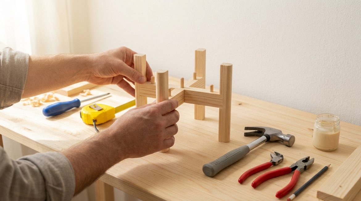 Mains assemblant un support de plante en bois avec divers outils sur un établi.