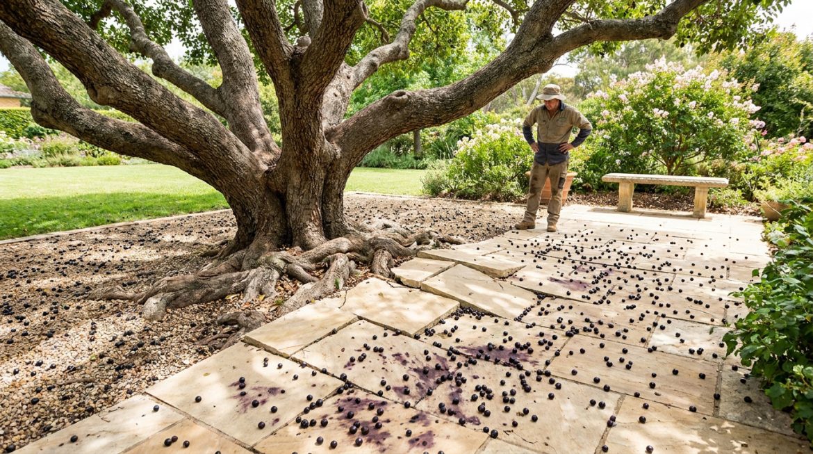 Un jardinier observe les baies de micocoulier tombées sur une terrasse en pierre dans un jardin.
