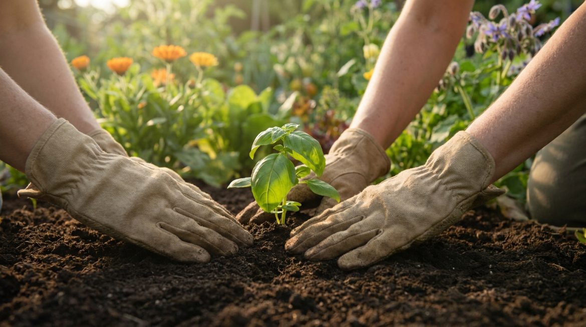 Mon avis sur ProjetVert.fr : l’expert du jardinage durable Gros plan sur quatre mains gantées plantant un jeune plant de basilic dans la terre riche d'un jardin ensoleillé.