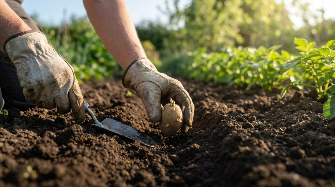 Gros plan sur des mains gantées plantant une pomme de terre germée dans un sillon de terre au potager.