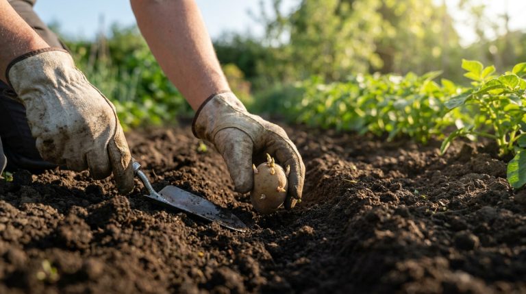 Quand planter vos pommes de terre en 2026 pour réussir ? Gros plan sur des mains gantées plantant une pomme de terre germée dans un sillon de terre au potager.