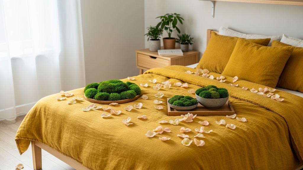 Couleur moutarde + pétale + mousse : l'accord nature pour la chambre