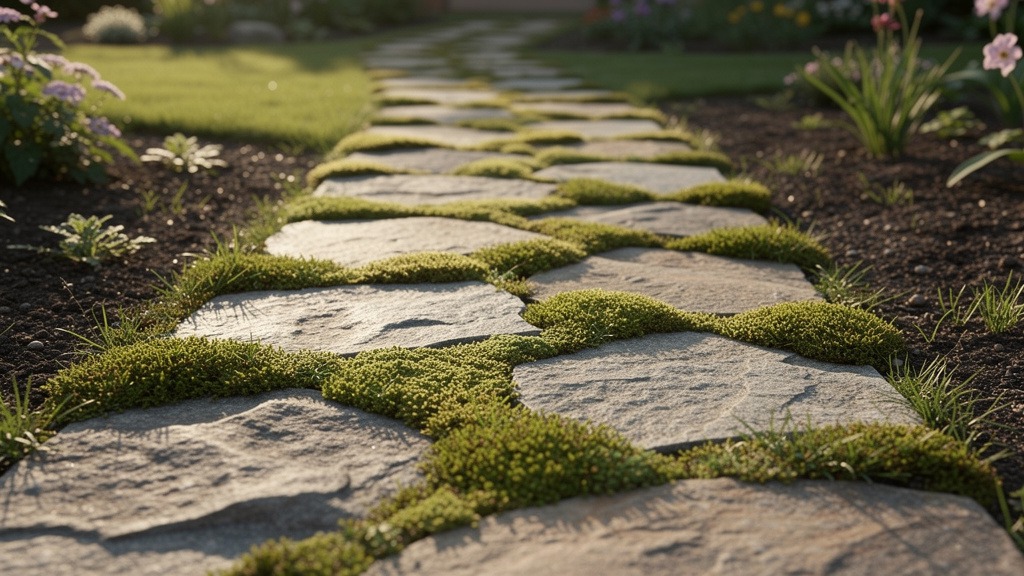 Allée de jardin en dalles de pierre avec des joints envahis par la mousse