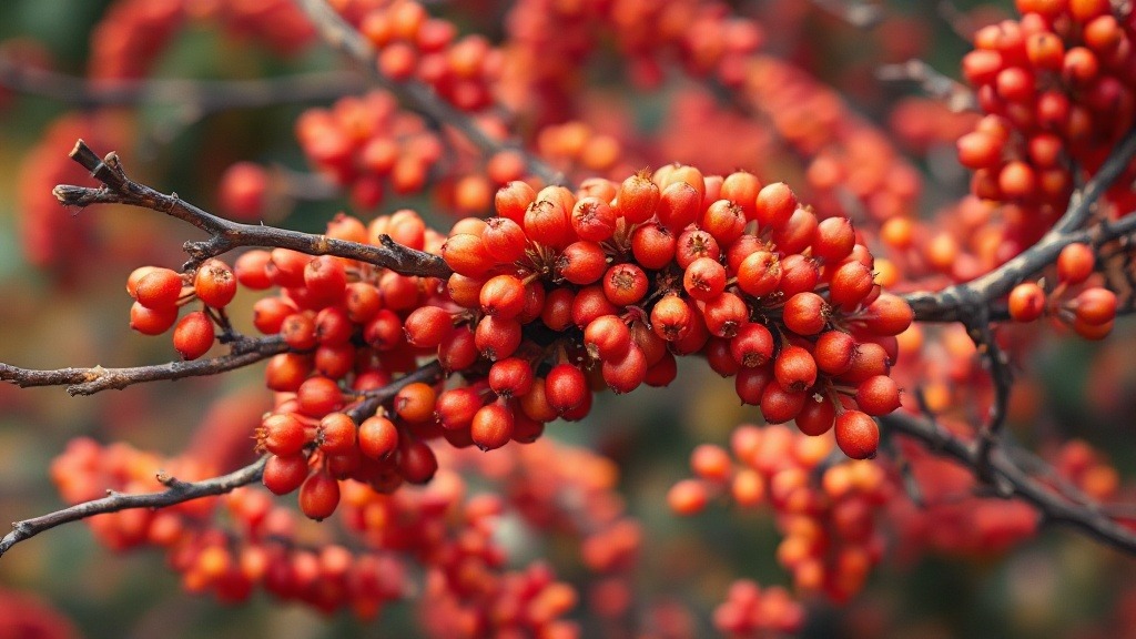 Baies rouge-orangé du pyracantha sur branches épineuses en automne