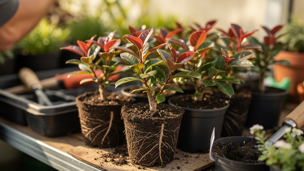 Godets de boutures de photinia en cours d'enracinement