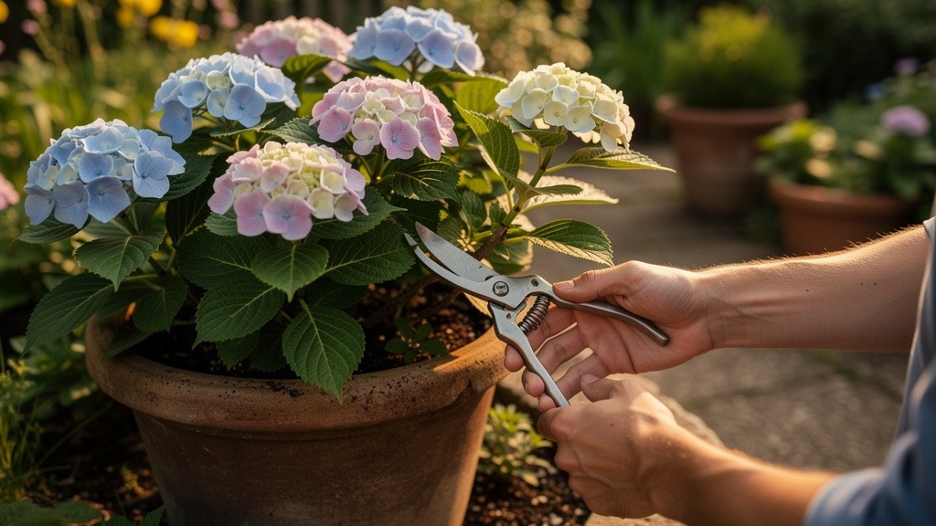 Jardinière coupant une tige d'hortensia au sécateur