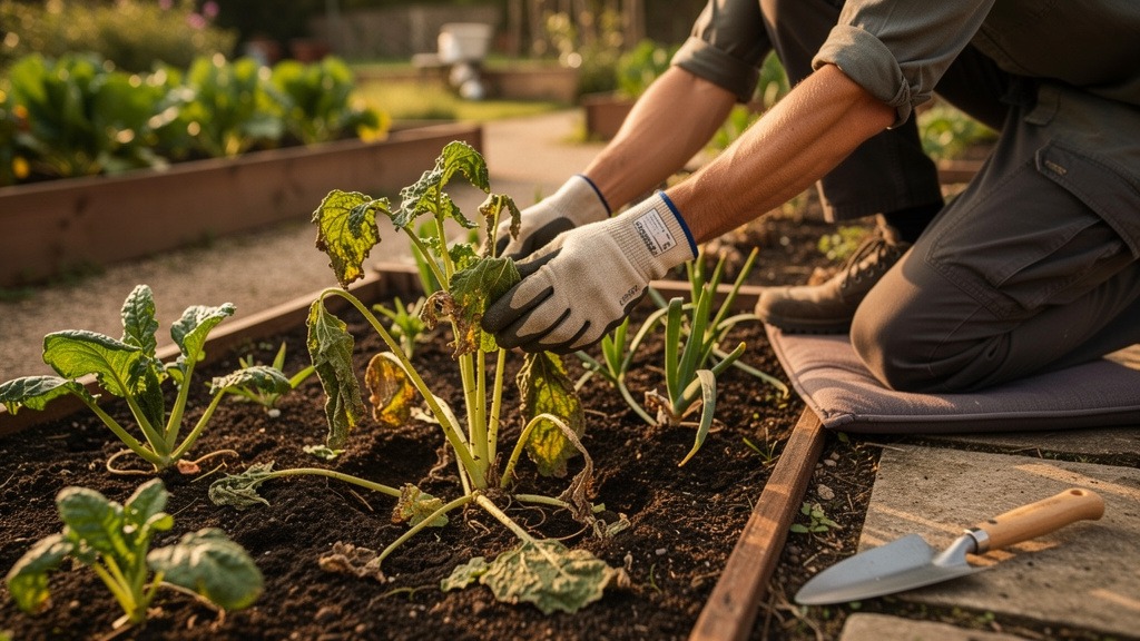 Jardinier agenouillé inspectant les dégâts dans son potager