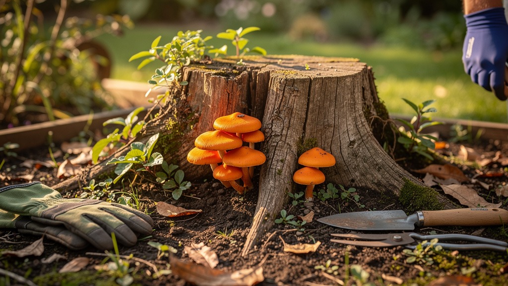 Jardinier inspectant des champignons orange sur une souche de jardin