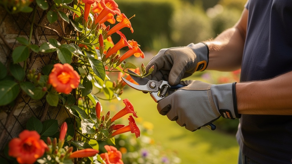 Jardinier taillant une bignone avec des gants de protection