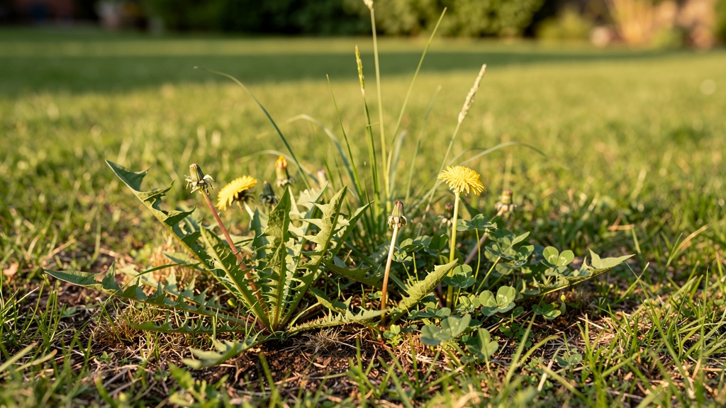 Mauvaises herbes sur gazon avant traitement désherbant