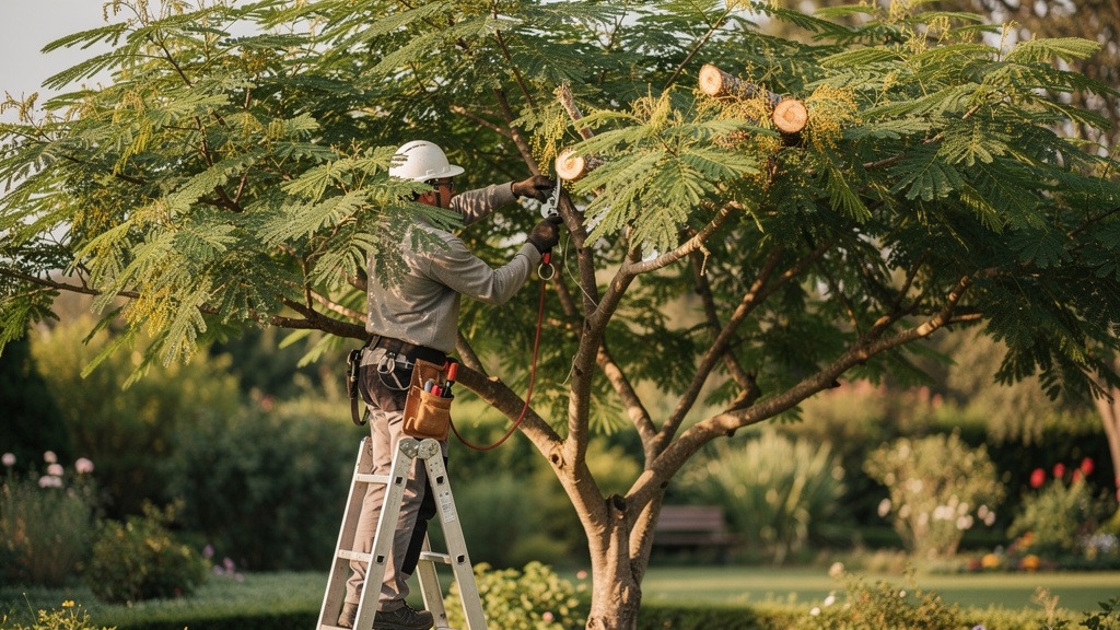 Un élagueur qui taille un albizia adulte