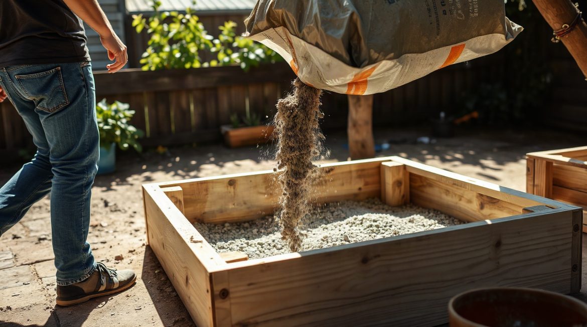 Béton prêt à l’emploi 25 kg : quelle surface peut-on couler ? Coulage d'une dalle de béton dans un jardin