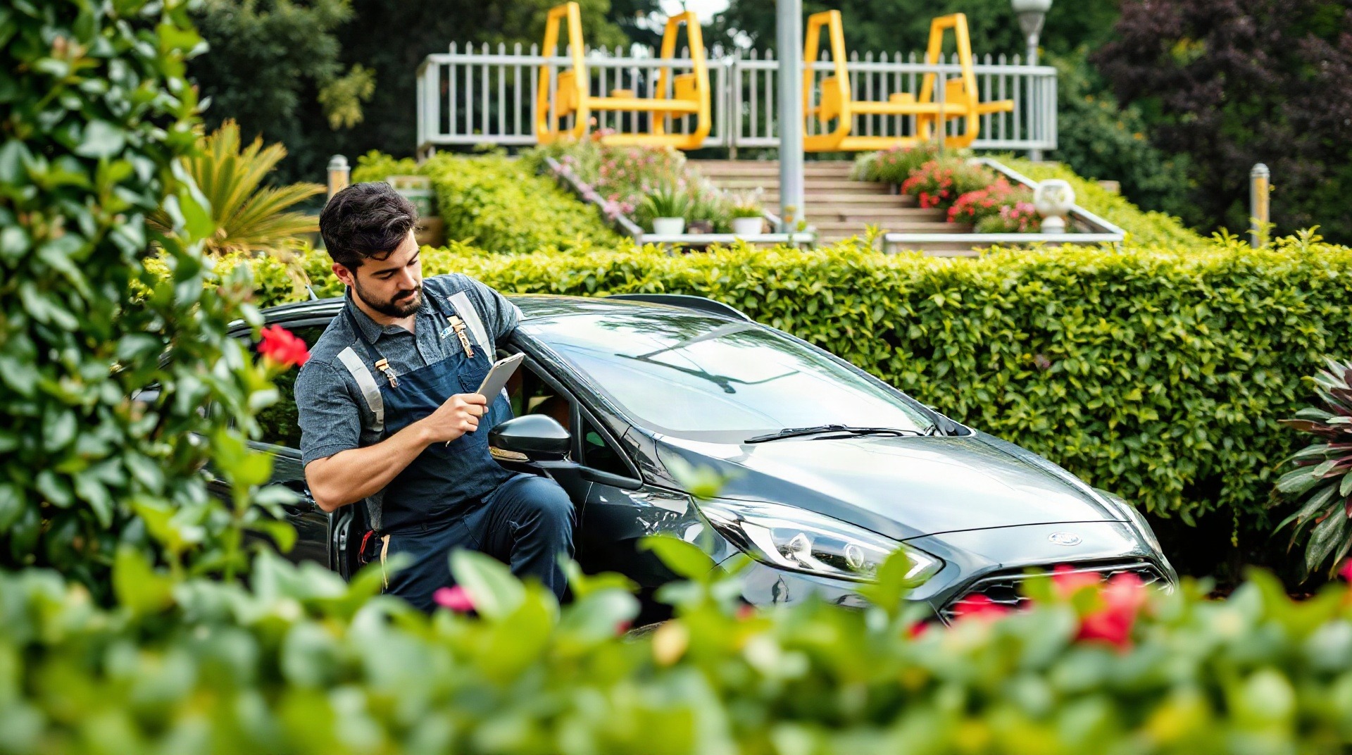 Mécanicien inspectant la courroie d'une autoportée dans un jardin