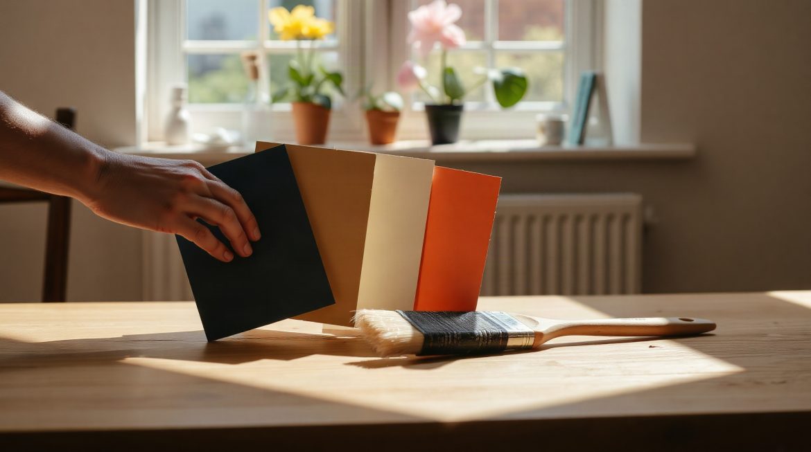 Quelles sont les 3 couleurs qui vont bien ensemble : 10 palettes et la méthode pour ne plus se tromper Nuanciers de peinture en trois teintes harmonieuses posés sur une table