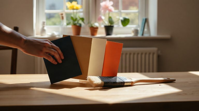 Quelles sont les 3 couleurs qui vont bien ensemble : 10 palettes et la méthode pour ne plus se tromper Nuanciers de peinture en trois teintes harmonieuses posés sur une table