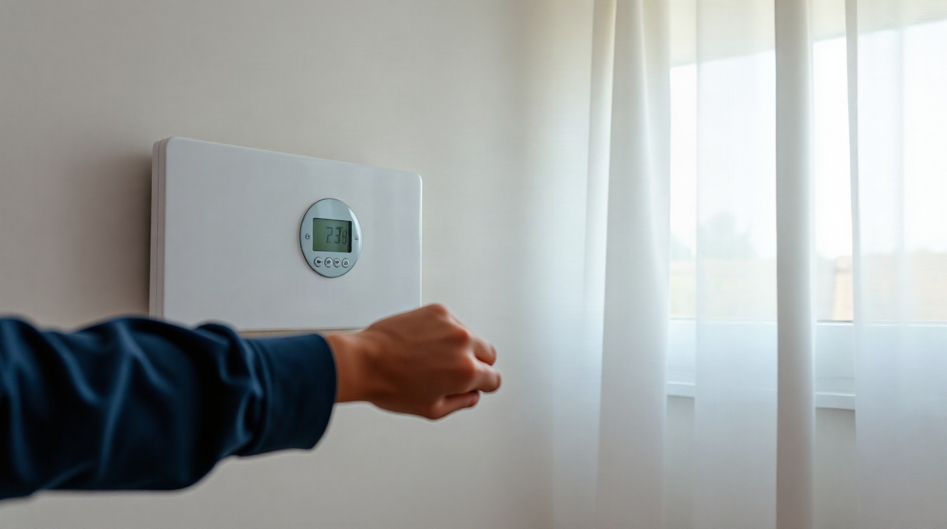 Personne réglant le thermostat d'un radiateur électrique