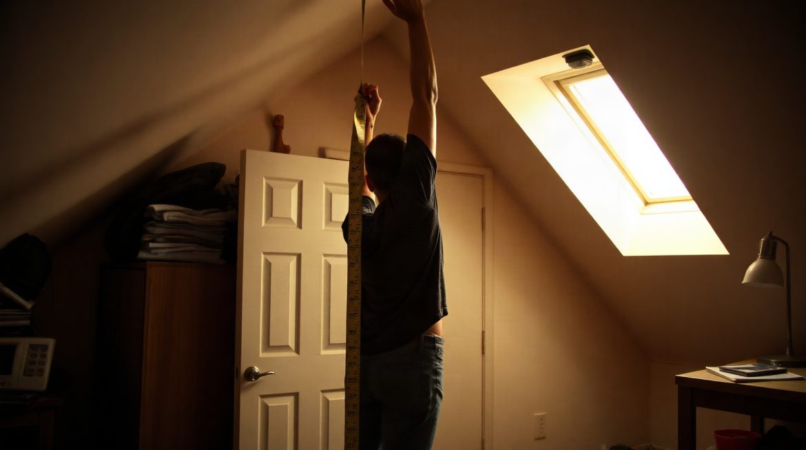 Propriétaire mesurant la hauteur sous plafond d'un appartement