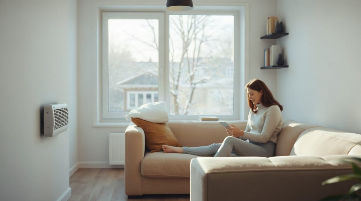 Quel chauffage consomme le moins en électricité en 2026 ? Radiateur à inertie dans un salon moderne en hiver