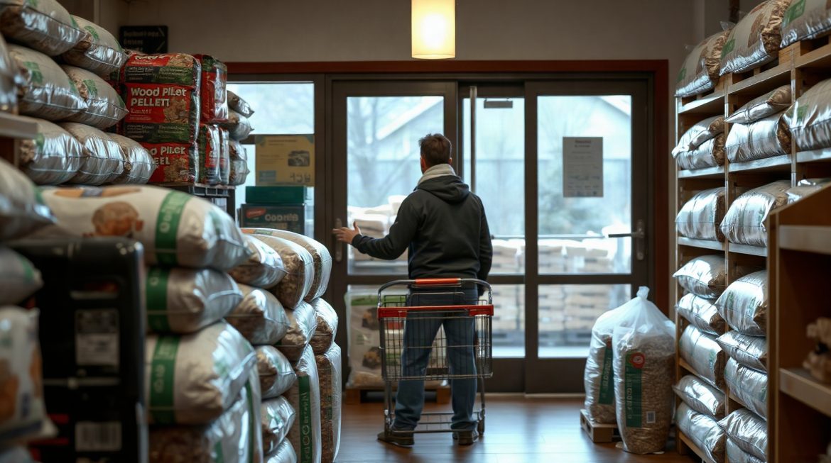 Prix d’un sac de pellets de 15 kg chez Leclerc : ce qu’il faut savoir en 2026 Sacs de granulés bois empilés en rayon de grande surface