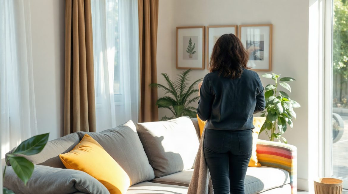 Couleurs complémentaires du moutarde : les associations qui fonctionnent vraiment Salon lumineux avec canapé gris et coussins jaune moutarde