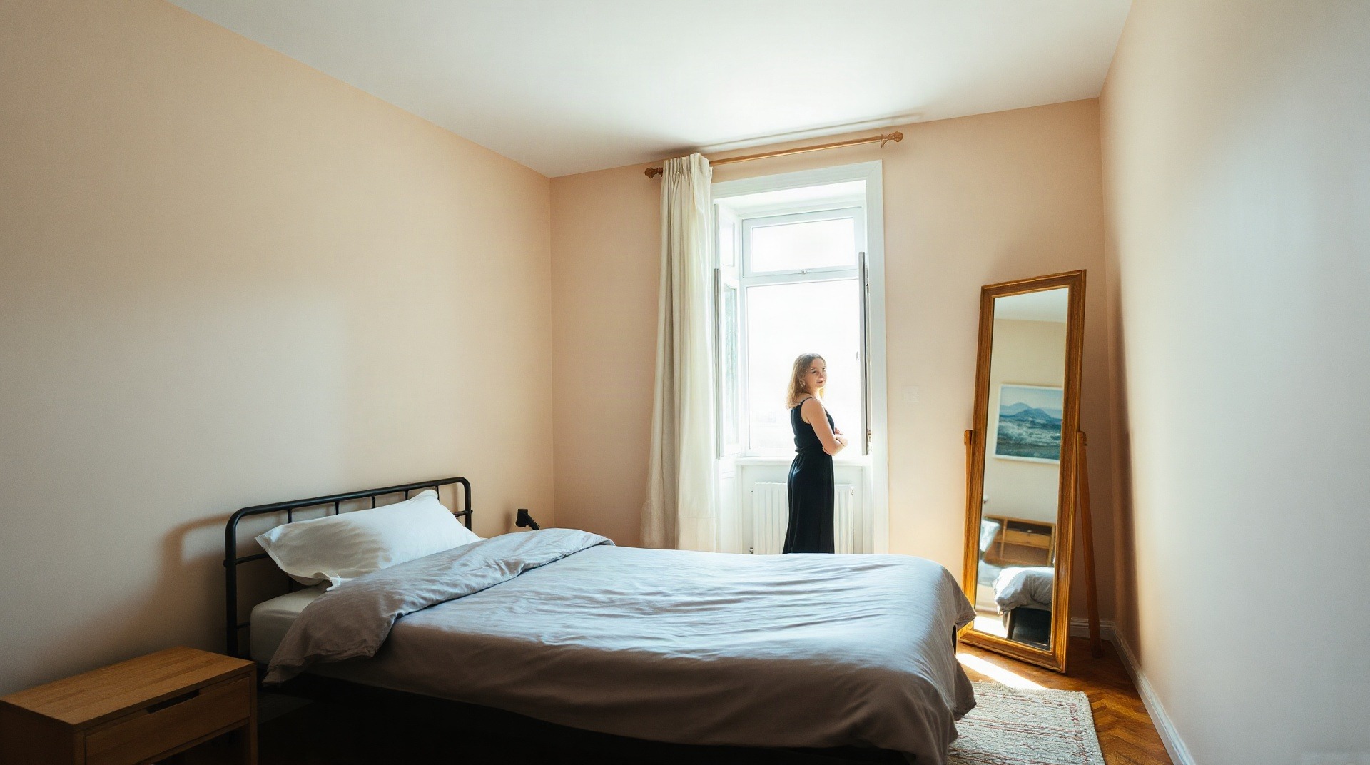 Chambre avec lit bas et grand miroir vertical dans une pièce à plafond bas