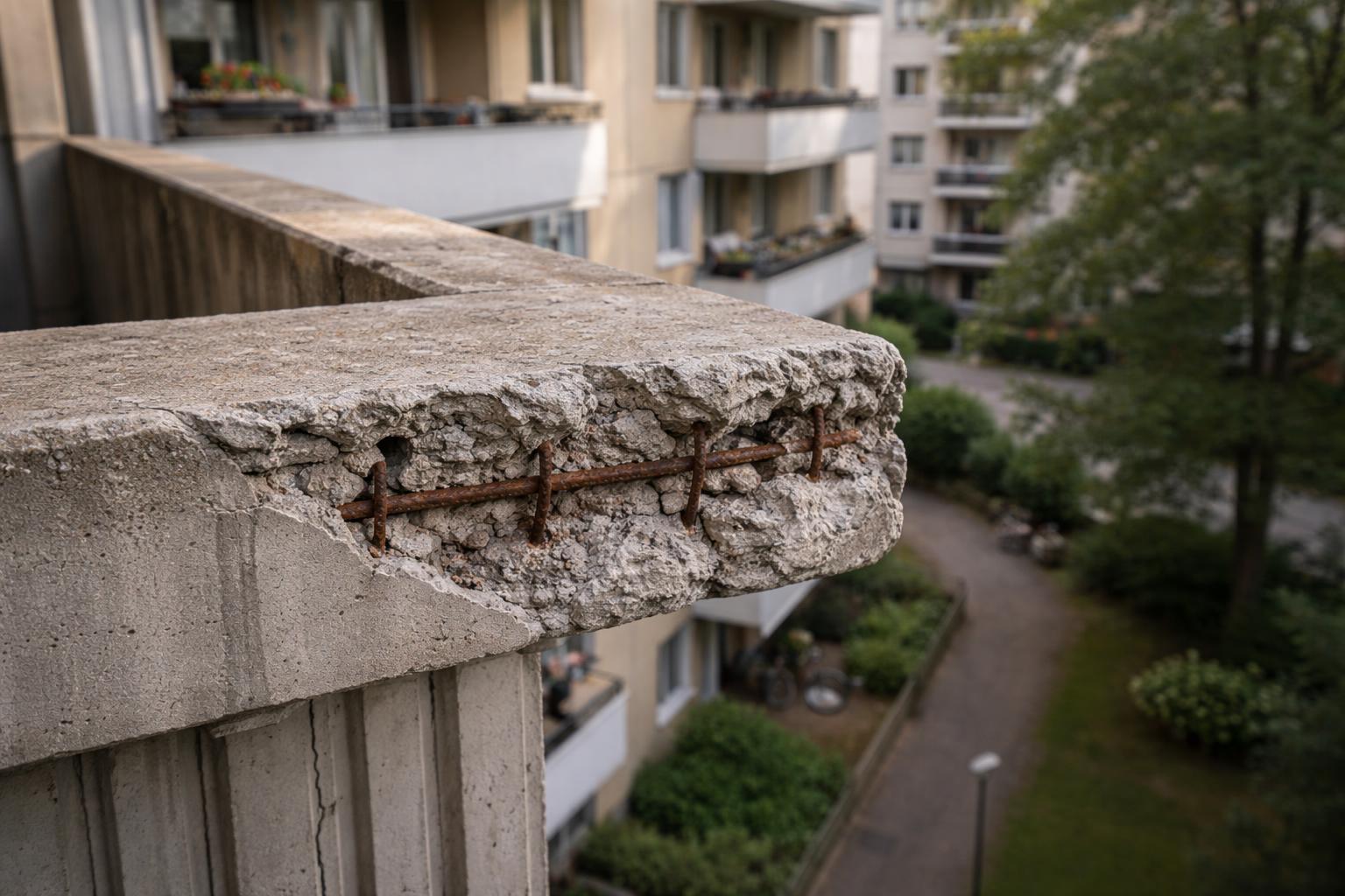 Gros plan sur une arête de dalle de balcon avec épaufrure et armatures visibles