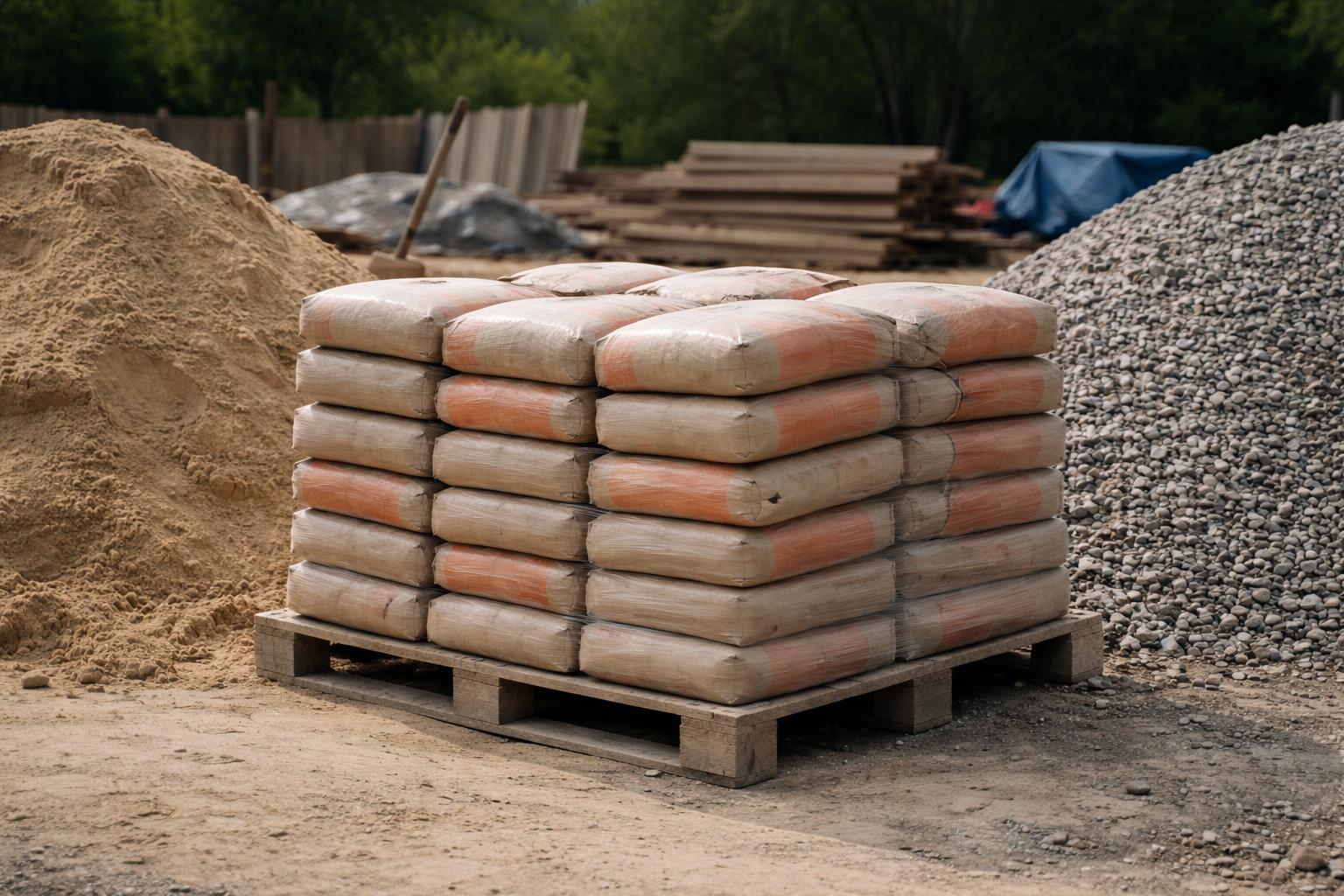 Matériaux de construction alignés sur un chantier : sacs de ciment, sable et graviers