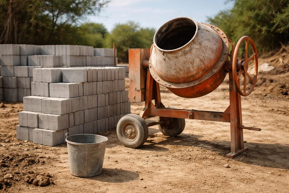La règle 1-2-3 pour le béton : dosage, étapes et conseils pratiques Ouvrier versant du ciment dans une bétonnière sur un chantier extérieur