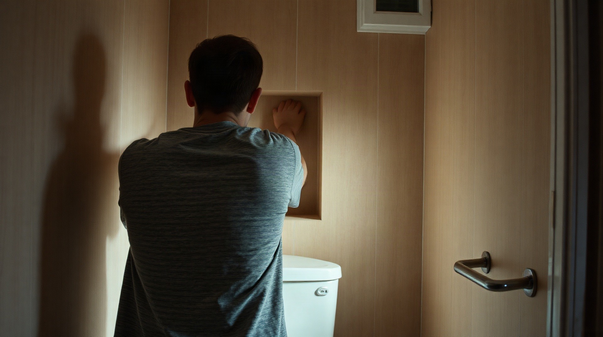 Personne installant une niche murale dans de petits WC