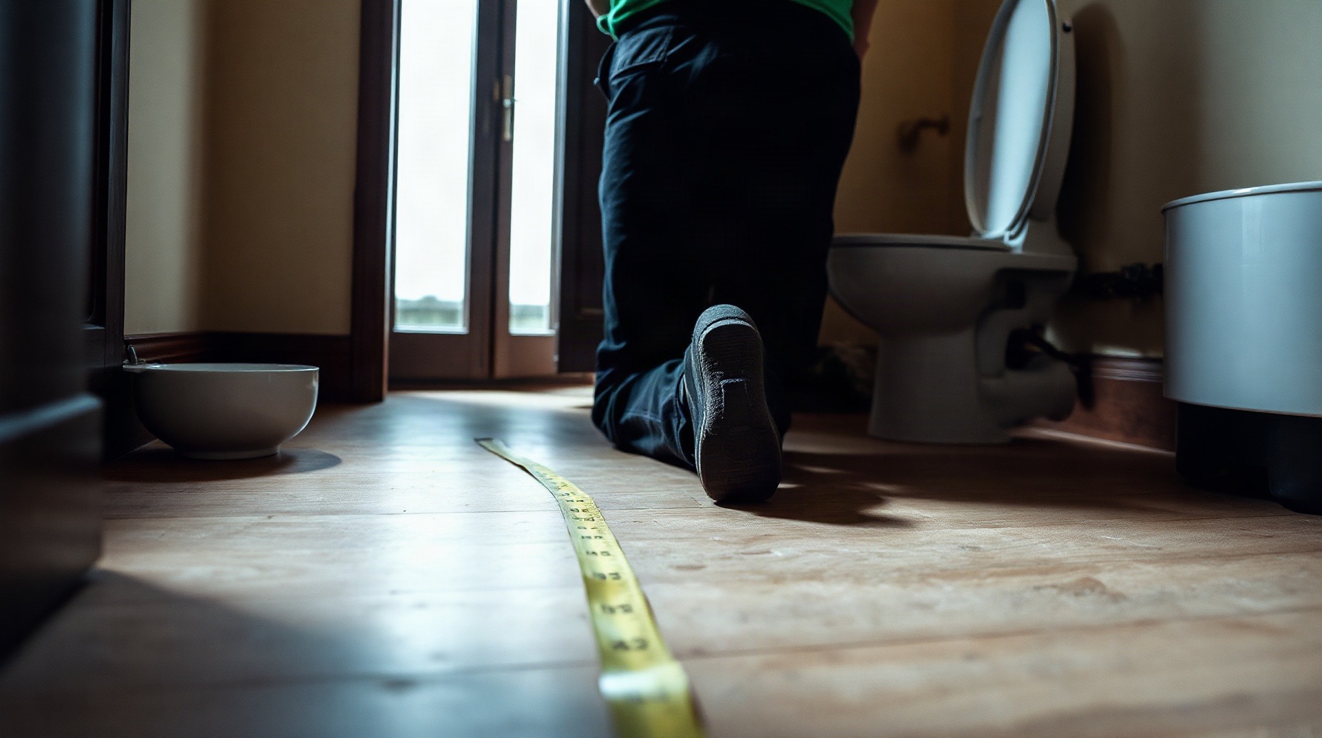 Plombier mesurant une pièce pour installer des toilettes