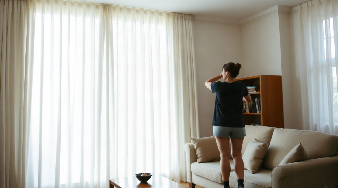 Plafond bas : 6 astuces pour donner de la hauteur sans travaux Salon avec rideaux longs fixés au plafond dans une pièce basse