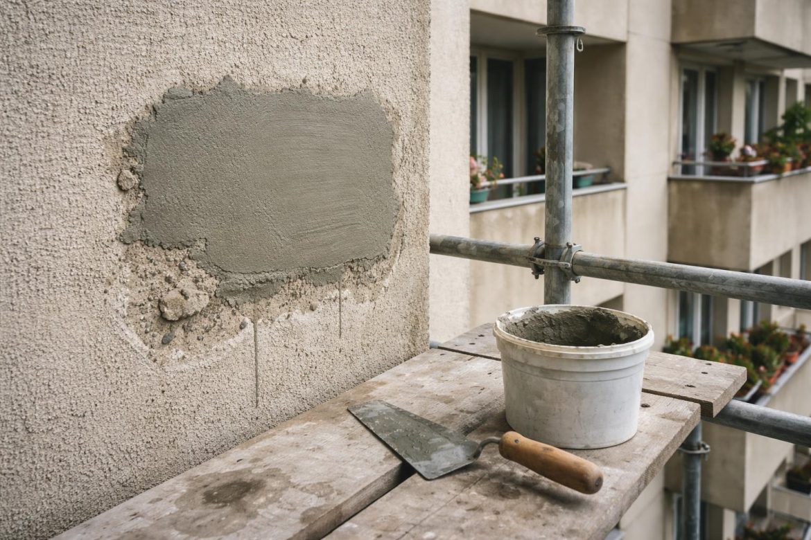 Épaufrures sur béton : comment les traiter efficacement en 2026 Technicien appliquant du mortier sur une épaufrure en façade